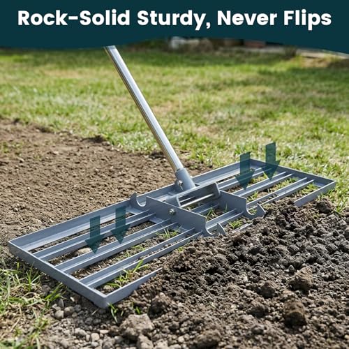 Dremmt 30x10 Inch Lawn Leveling Rake - Heavy Duty Landscape Tool with 6.5FT Stainless Steel Handle