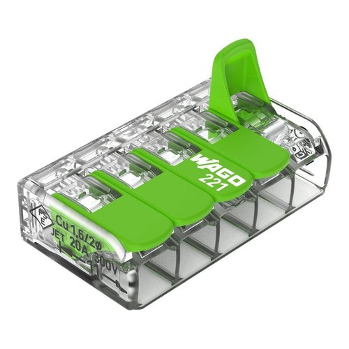 WAGO 221-425 |Splicing Connector Green Range | for Solid, Stranded and fine-Stranded Conductors | 5-Conductor with levers | 24-12 AWG | Transparent housing | [25 Pieces]