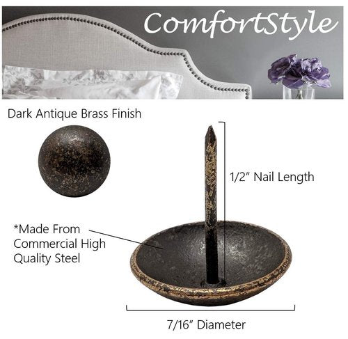 ComfortStyle Premium Upholstery Tacks, Nailhead Decorative Trim for Furniture, 7/16-inch Diameter (100, Dark Antique Brass)