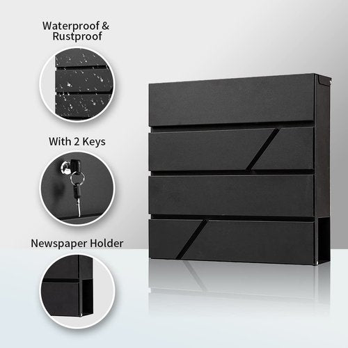 Yoocabinet Mailbox Wall Mount,Large Capacity Locking Mailbox for Outside,Galvanized Steel Cover and Rust-Proof Metal Post Box with Newspaper Holder,14.6"x14.6"x4.3" Black,MD025B