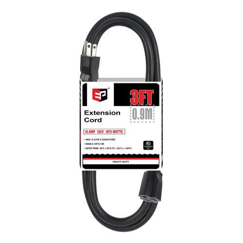 EP 3 Ft Extension Cord - 12/3 SJTW Heavy Duty Black Extension Cable with 3 Prong Grounded Plug - Power Cord for Lawn, Garden, Appliances