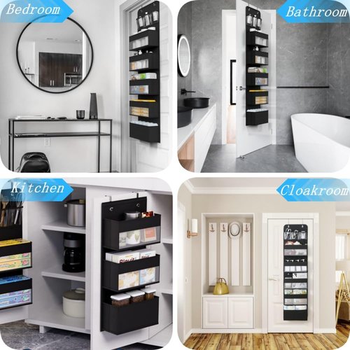 Over The Door Organizer with 5 Large Capacity Pockets, 6 Shelf Detachable Hanging Organizer with Clear Window, 2 in 1 The Door Storage Hanging Shelves for Closet, Dorm, Bathroom, Bedroom (Black)