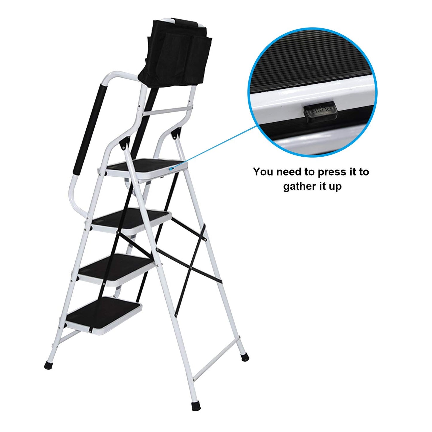 Wiberwi 4 Step Ladder with Handrails 500 lb Capacity Step Stool Folding Portable Ladders for Home Kitchen Steel Frame with Non-Slip Wide Pedal Stepladder with Attachable Tool Bag White