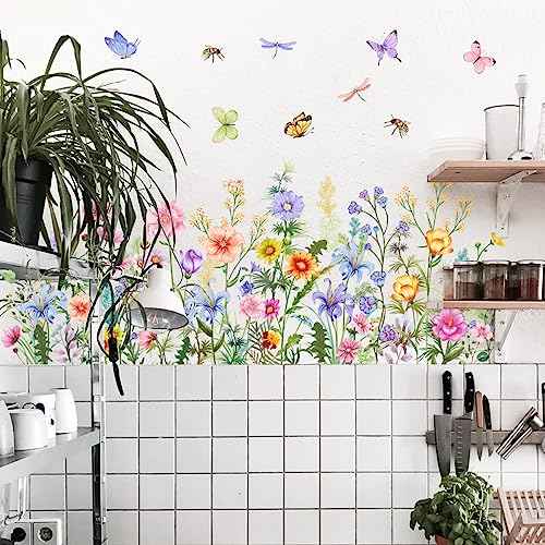 Floral Wall Stickers, Wildflowers Grass Butterfly Wall Clings, DIY Spring Summer Natural Flower Greenery Wall Decals for Bedroom Living Room TV Office Home Decorations