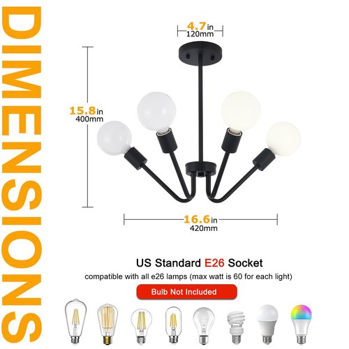 Black Chandelier 4 Light Semi Flush Mount Ceiling Light Black Dining Room Chandelier Kitchen Lighting Fixtures Ceiling Farmhouse Sputnik Light Fixtures Ceiling Mount for Bedroom Hallway E26 Socket
