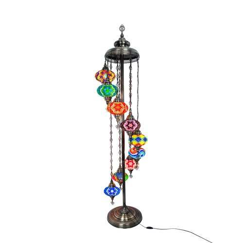 Tall Standing Lamp, Mid Century Boho Floor Lamp for Living Room, Bedroom, or Nightstand - Unique Turkish Tiffany Style with Stained Glass, Moroccan Design, Big 7'' 9 Globe Mosaic (Mix Different)