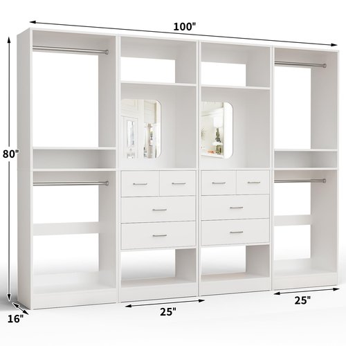 Unikito 100” Closet System with Drawers, 8.3FT Wood Closet Organizer with Hanging Rods and Mirror Design, Reversible Large Walk in Wardrobe Garment Rack with Shelves, Sturdy Closet Tower, White
