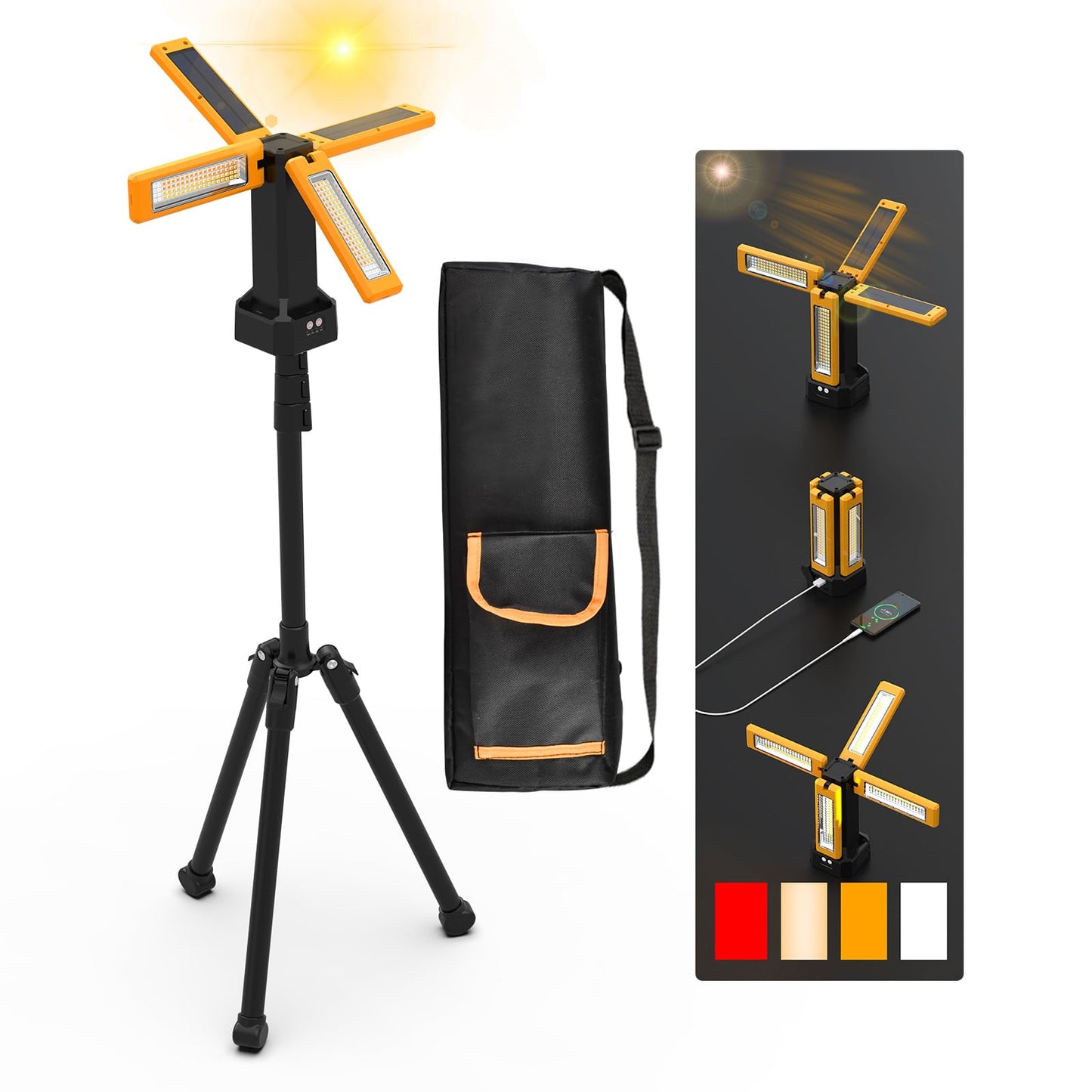 13200mAh Rechargeable Solar Work Light IPX4 Waterproof with Folding Stand and Carrying Bag, AODOO 8000 Lumen Cordless Camping Light, White/Warm/Nature White/RED(SOS) with Detachable Tripod