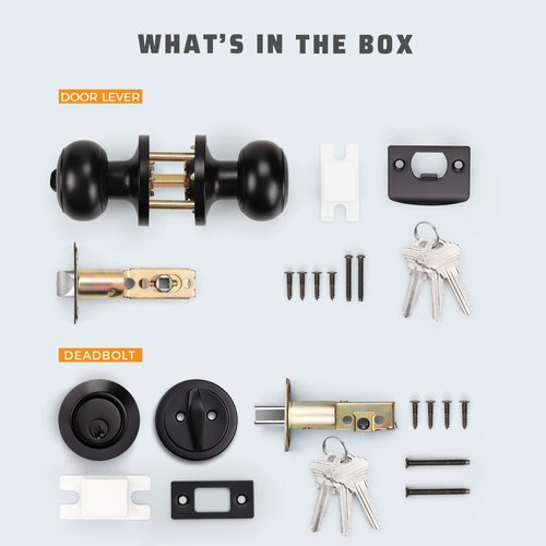 KNOBWELL 3 Pack Keyed Alike Entry Door Knobs and Single Cylinder Deadbolt Lock Combo Set Security for Exterior and Front Door, Keyed Entry Door Locksets with Deadbolt, Matte Black Finish