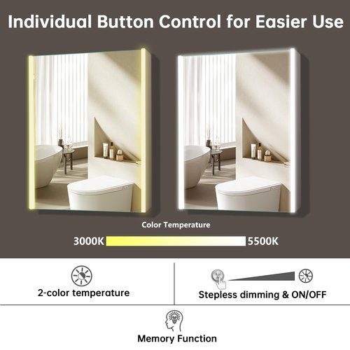 HAUSCHEN HOME 28x19-1/4inch LED Medicine Cabinet Lighted Bathroom Mirror, Stepless Dimmable, 3000K/5500K Color Temperature Wall Mounted Makeup Mirror, Adjustable Shelf (Assembly Required)