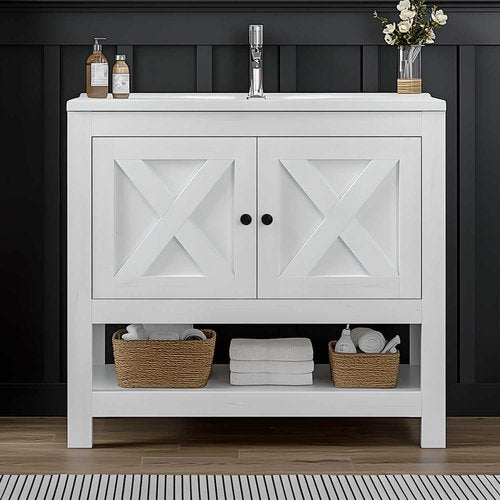 4ever2buy Farmhouse Bathroom Vanity with Sink, 35 Inch Bathroom Vanity Cabinet, Freestanding Vanity, 2 Doors and Open Shelf, Bathroom Cabinet with Ceramic Sink, White