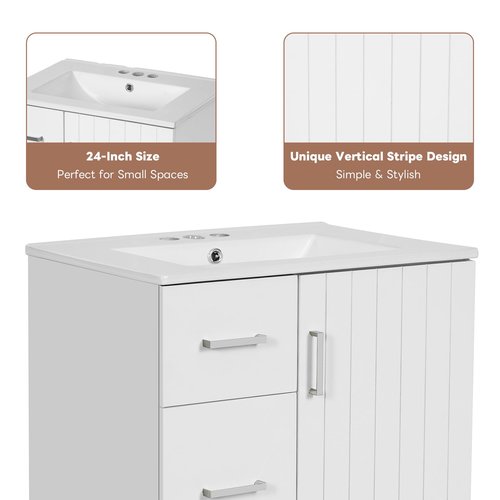 Merax Modern Linear 24" Bathroom Vanity with Sink, Powder Room Small Bathroom Vanity with Storage Cabinet and 2 Drawers, Adjustable Shelf, Ceramic Sink Top, Painted Finish