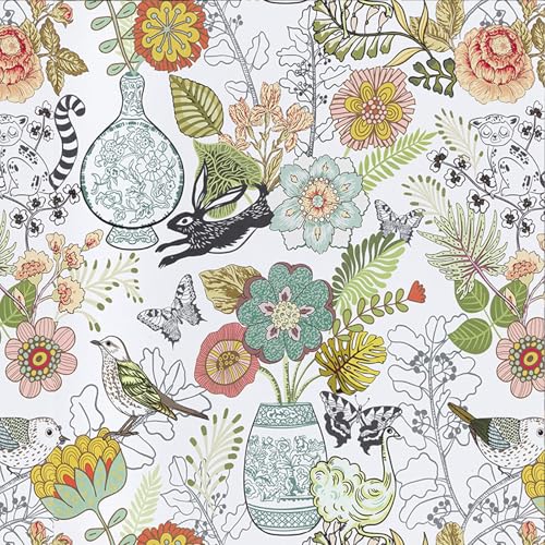 Decoroom Boho Floral Peel and Stick Wallpaper, Ainmals Birds Flower Contact Paper, Thicken Self Adhesive Removable Green Wall Paper for Wall Shelf Liner Drawer 17.7" X 118"