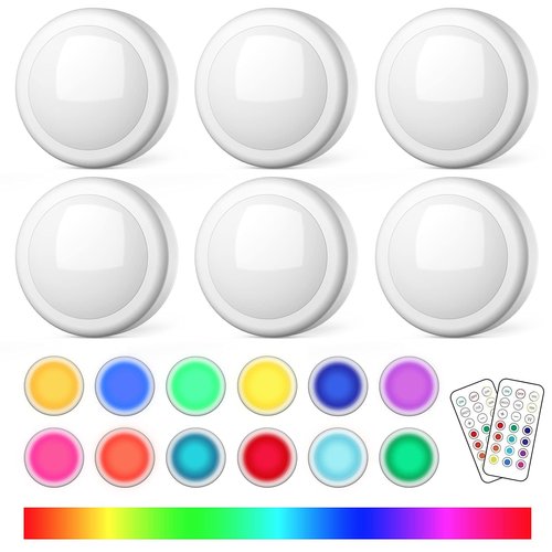 SEMSMOKS Puck Lights with Remote Control, Battery Operated LED Push Light Wireless, 13 Color RGB - for Closet, Bedroom Wall, Under Cabinet, Battery Powered Puck Lights. Convenient 3M Stick On, 6 Pack