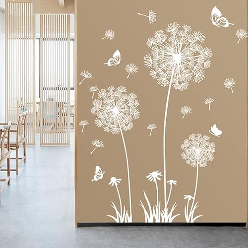Joyartu 2 Sheets Dandelion Wildflower Wall Decals Art,Flower Stickers, Murals with Butterflies, Removable DIY Sticker Decals for Bedroom Living Room Nursery Classroom Playroom (White)