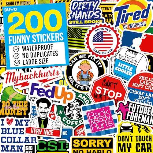 200 PCS Hard Hat Stickers for Adults (No Duplicates) Sarcastic, Meme, & Funny Stickers for Water Bottles, Toolbox, Helmet, & Hard Hat Accessories ? Ideal for All Blue Collar Workers