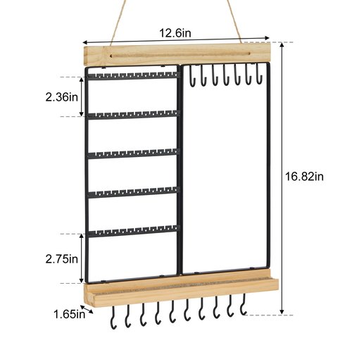 Feyejade Hanging Jewelry Organizer, 5-Tier Wall Earring Holder with Wooden Ring Groove, Jewelry Rack Wall Mounted for Earrings, Necklaces, Bracelets and Rings, Jewelry Holder Stand, Black
