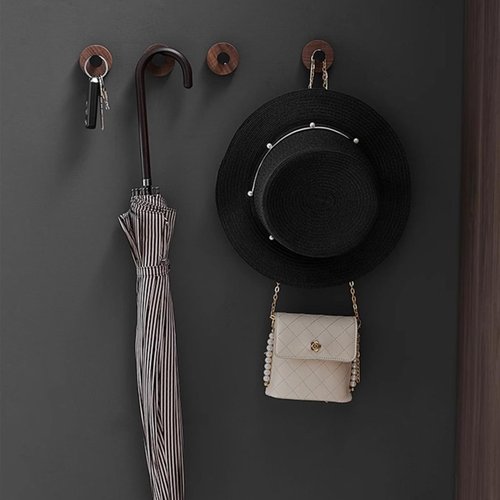 Adhesive Wall Hooks - Dark Walnut Wooden Decorative Command Hat Hooks for Wall - Bathroom Towel Holder Shower Accessories - Towel Hooks for Bathrooms Go Hang It Racks Hanging (4, Black)