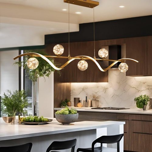 Weibath 6-Light LED Linear Kitchen Island Lighting in Gold with Glass Globe Shade Dimmable Ceiling Light