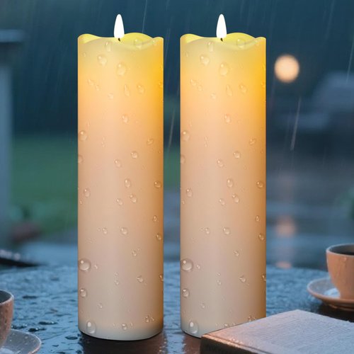 Large Flameless Candles Flickering 4"×14", Solar Candle Outdoor Waterproof, Fake Candles LED Pillar Candle, Dusk to Dawn, Electric Candles for Lanterns Porch Patio Decor (Ivory White, Set of 2)