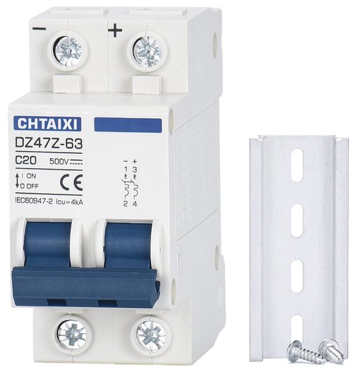 CHTAIXI DC Miniature Circuit Breaker, 2 Pole 500V 20 Amp Isolator for Solar PV System, Thermal Magnetic Trip, DIN Rail Mount, Chtaixi DC Disconnect Switch C20