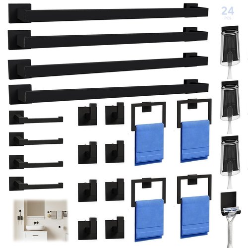 Noliven 24 Pieces Bathroom Hardware Set, 23.6 Inch SUS 304 Stainless Steel Matte Black Bathroom Accessories Set, Towel Racks for Bathroom Wall Mounted, Toilet Paper Holder, Toothbrush Holder