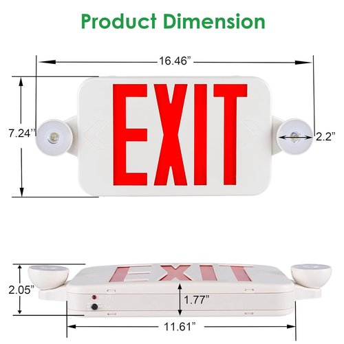 Gruenlich LED Exit Sign Combo with Emergency Lights, Adjustable Heads and Double Sided, Battery Backup, UL 924 Qualified, AC 120-277V, Commercial Emergency Exit Light for Business- 2 Pack