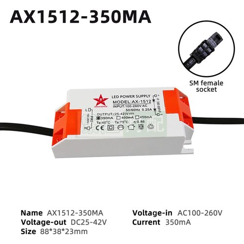 AC110V AC220V LED Power Supply 250mA 350mA 500mA 720mA 1050mA Constant Current LED Driver of COB Bead with SM Female Socket(AX1512-350MA)