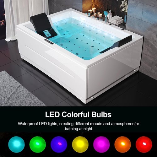 KunMai 71" Freestanding Heated Bathtub for Two with Temperature Control, 118-Gallon Massage Soaking Tub with 38 Jets, Acrylic Spa Tub with LED Chromatherapy Light