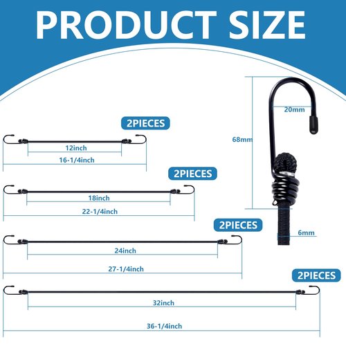 Bungee Cords with Hooks 8 Pack Bungee Cord Includes 12 inches, 18 inches, 24 inches, 36 inches for Bundling Items, Fixing Tarps, Tents, and Carrying Luggage