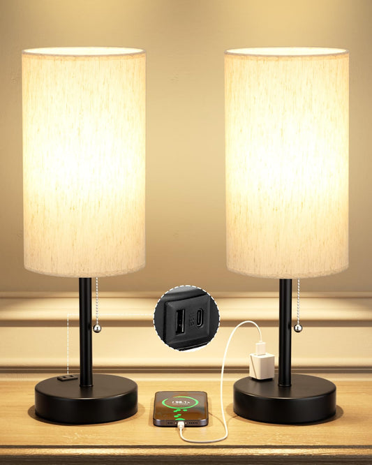 17.4" Large Bedside Table Lamps Set of 2 - 3 Color Temperatures Pull Chain Lamp with AC Outlet Charging Port, Round Night Stand Lamps for Bedroom Guest Room Office, Bed Side Light with E26 LED Bulbs