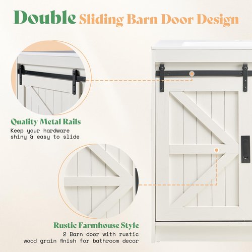 AMERLIFE 61" Farmhouse Double Bathroom Vanity with Sink Combo, Dual Basin Bathroom Storage Cabinet with Sliding Barn Doors & Drawers, Large Double Bath Vanity Sink Set, Rustic White