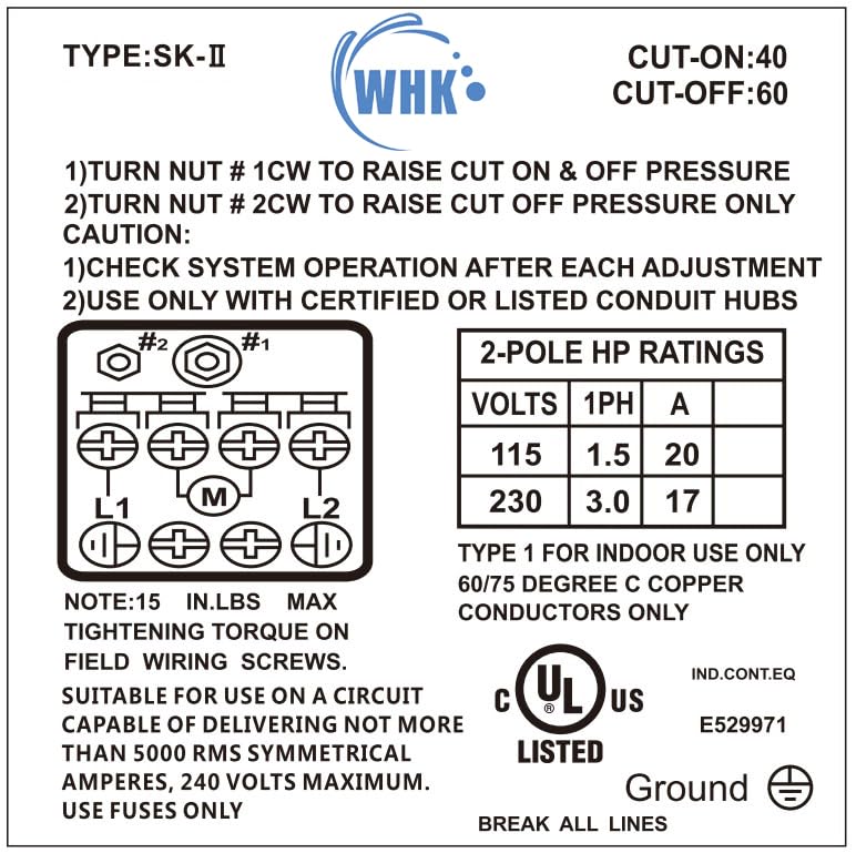 WHK-PS01 Water Pressure Switch for Well Pump 40-60 PSI – Adjustable, UL Certified