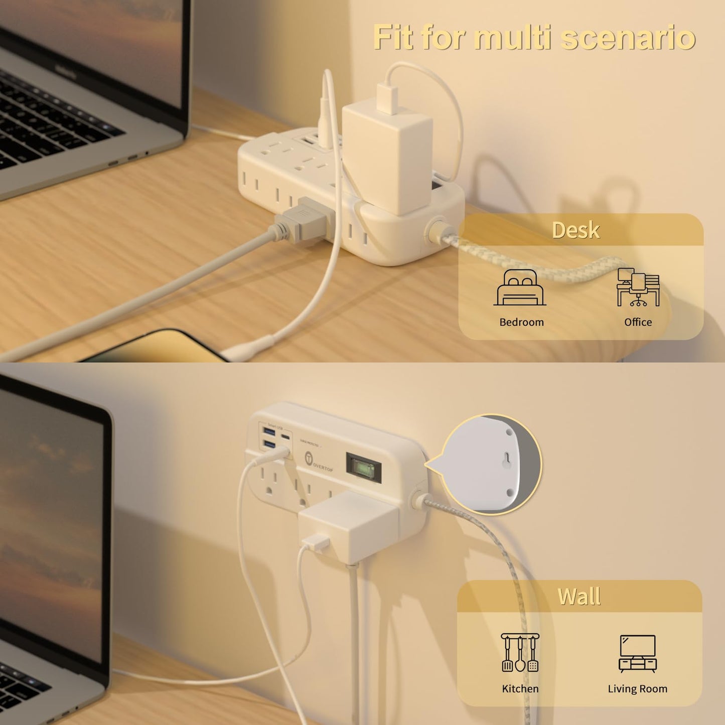 Overtop 12 IN 1 Power Strip Surge Protector, 8 Outlets 4 USB (2 USB C Ports), Compact Wall Outlet Extender, Nightlight Flat Plug 5FT Braided Extension Cord Charging Station for Travel Home Office Dorm
