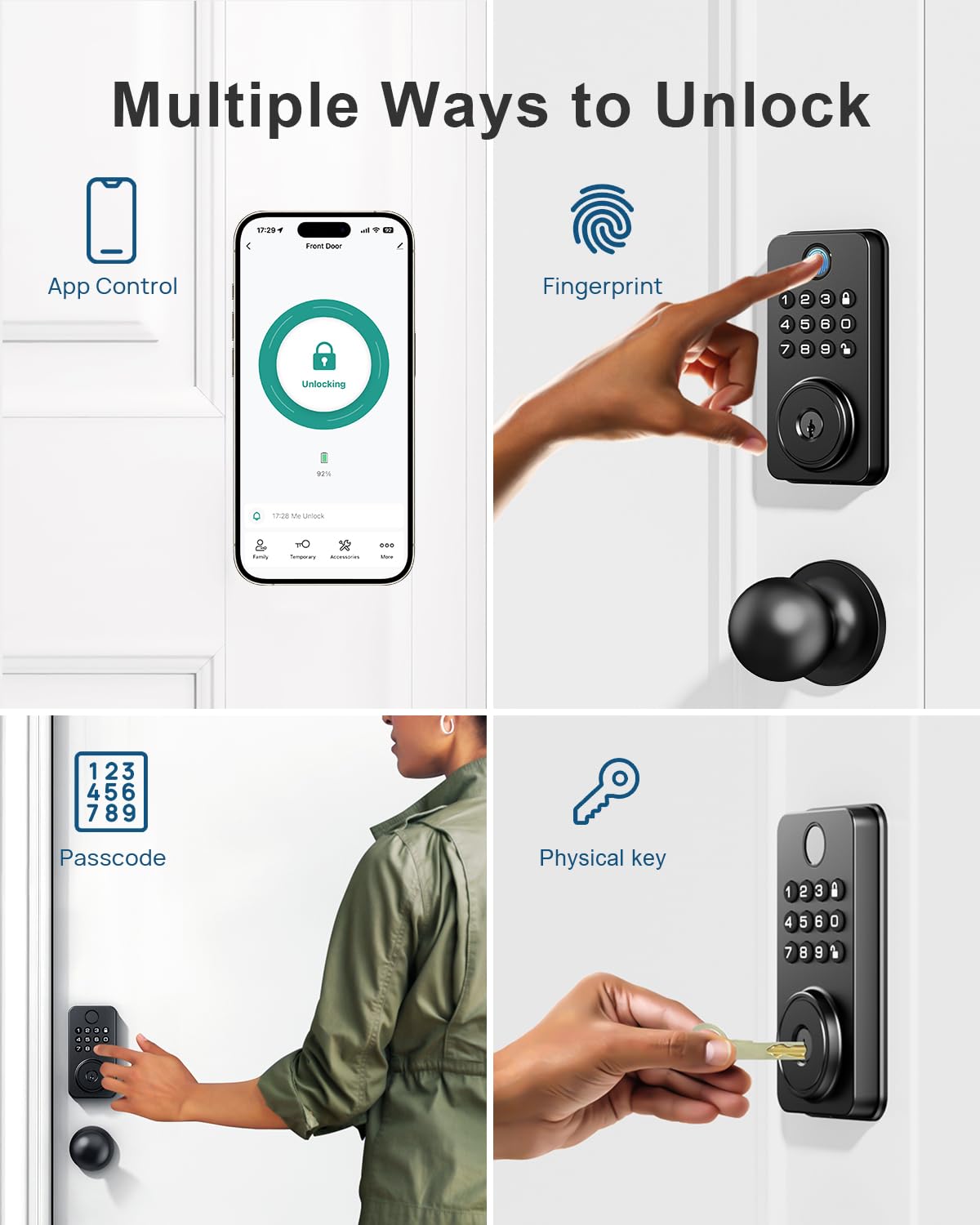 Fingerprint Door Lock with Handle, Smart Keyless Entry Door Lock with App, Stores 50 Fingerprints and 50 User Codes, IP65 Weatherproof Keypad Deadbolt for Front & Interior Doors, Auto-Lock, Black