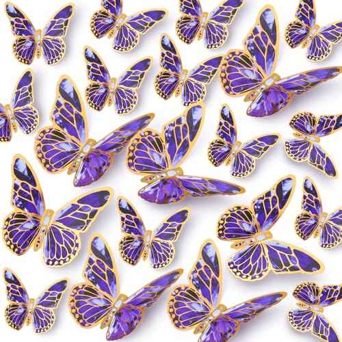 36pcs Removable DIY 3D Colorful Butterfly Wall Decor Gold Side Butterflies Wall Decals Flower Butterfly Wall Sticker Home Art for Kids Baby Girls Teens Bedroom Living Room Nursery (Purple)
