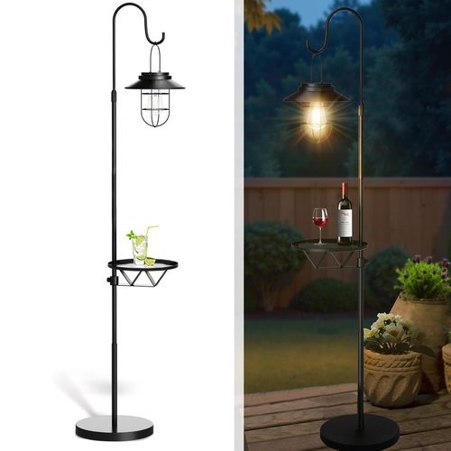 Kirschblüte 60" Solar Floor Lamp with Detachable Hanging Lantern & Small Side Table - Cordless, Waterproof Outdoor Lighting for Deck, Patio, Garden, Porch - Weatherproof Iron Floor Light