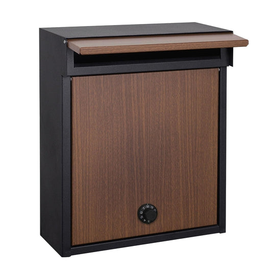 WAMJ AQDY Locking Mailbox Wall Mount, Outdoor Mailbox, with Combination Lock, Large Metal with Wood Grain Door, 12 × 5 × 15 in(Brown)