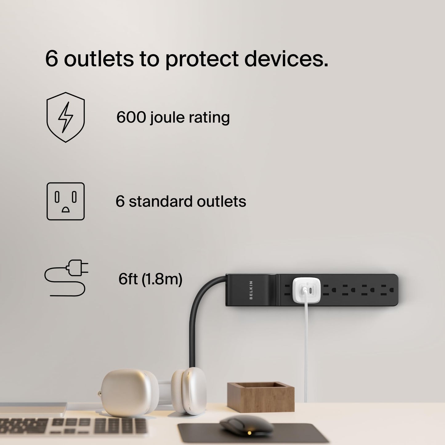 Belkin Surge Protector Power Strip with 6 AC Outlets, 6ft/1.8M Long Heavy-Duty Extension Cord, & 360-Degree Rotating AC Plug for Conference Rooms, Computer Desktops, & More - 600 Joules of Protection