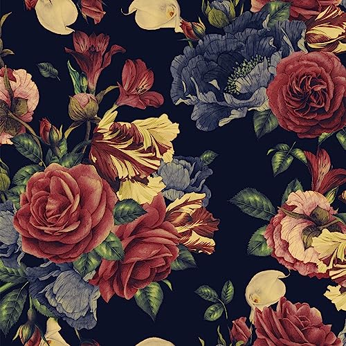 Wallercity Vintage Floral Wallpaper Peel and Stick Red/Yellow Rose Dark Moody Wallpaper for Bedroom Accent Wall Waterproof Boho Floral Contact Paper for Bathroom Kitchen Shelf Liner 17.5"x118"