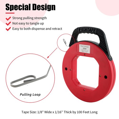 FLKQC 100 Feet (30M) Steel Fish Tape in Red Plastic Housing Retractable Wire Fish Tape Reel Pulling for Heavy Duty Pulls, Short Runs and Conduit Measuring