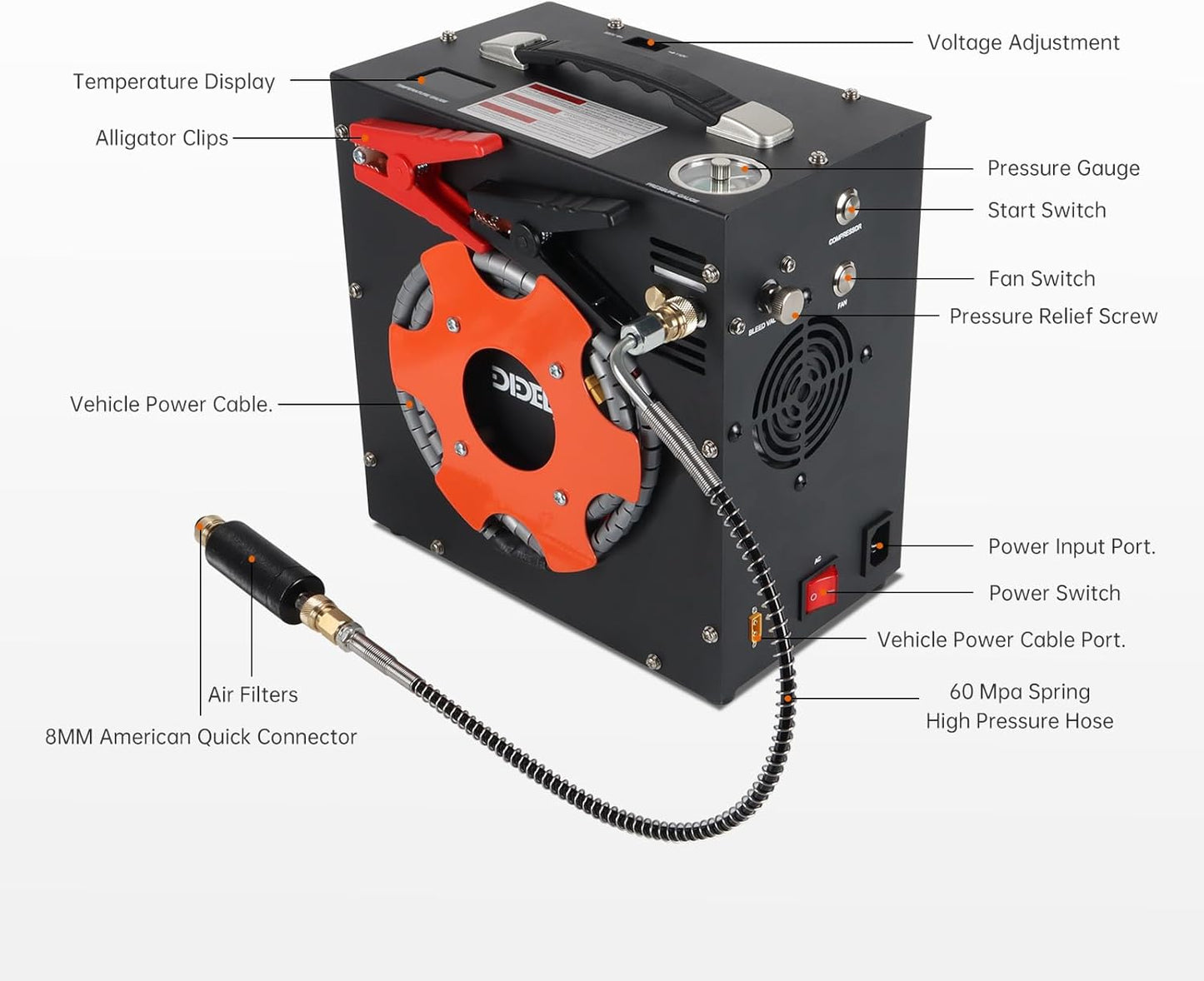 DIDEEP PCP Air Compressor, 4500Psi/300Bar High Pressure Air Compressor 12V DC or 110V AC for Scuba Tank Compressor Paintball Guns, PCP Rifles - Car/Home Use Oil-Free Design