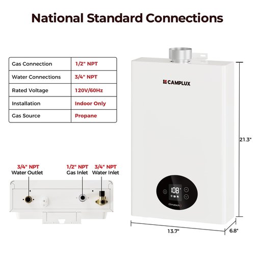 CAMPLUX Climatech 3 Tankless Water Heater Gas 4.22 GPM, 102,000 BTU Propane Tankless Water Heaters, High Efficiency Instant Hot Water with Multi-Points Use for Whole House, Indoor, CX422, White