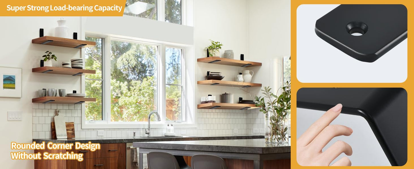 4 Pack - L 6" x H 4" x W1.5, 5mm Thick Black L Shelf Bracket, Iron Shelf Brackets, Metal Shelf Brackets, Floating Shelf, Shelf Supports with Screws