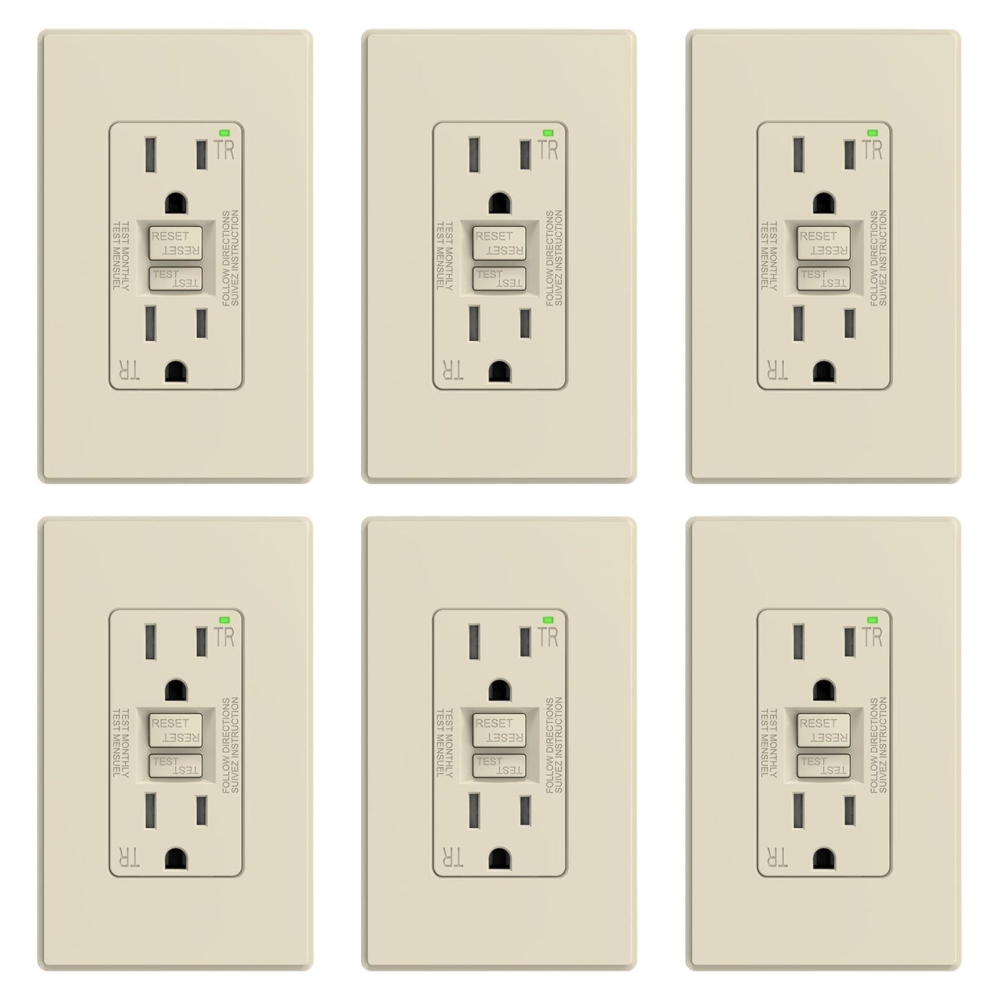 ELEGRP GFCI Outlet 15 Amp, Self-Test GFI Electrical Outlet with Thinner Design, TR Tamper Resistant GFCI Receptacle, Ground Fault Circuit Interrupters with Wall Plate, UL Listed, Light Almond, 6 Pack