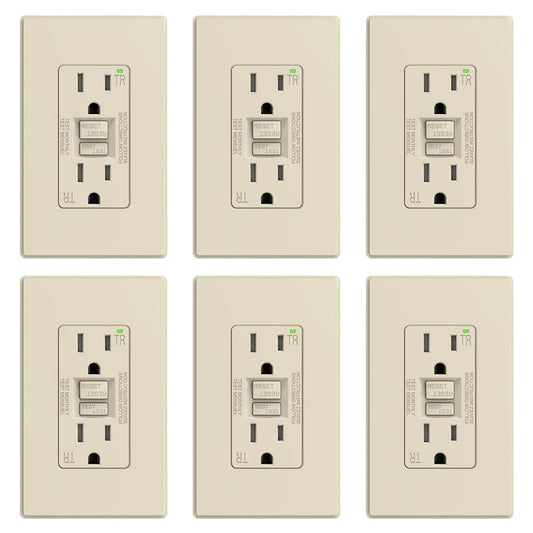 ELEGRP GFCI Outlet 15 Amp, Self-Test GFI Electrical Outlet with Thinner Design, TR Tamper Resistant GFCI Receptacle, Ground Fault Circuit Interrupters with Wall Plate, UL Listed, Light Almond, 6 Pack