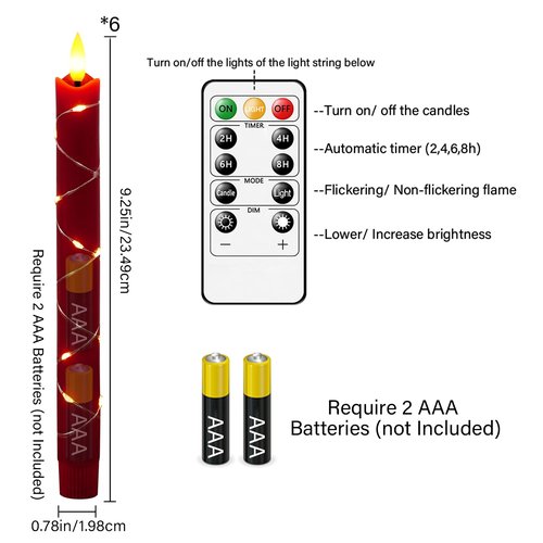 JINYANIA Flameless Taper LED Candles with Embedded Star String, Flickering Battery Operated Real Wax Candles with Remote Timer, 6pcs（0.78X9.64 Inch） for Romantic Ambiance and Home Decoration（Red）