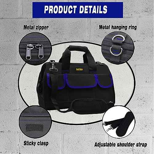 FASTECH 22 Inch Tools Bag, Waterproof Wide Mouth Tool Kit, Tools Big Bag, Heavy Duty Tool Tote Organizer With Adjustable Shoulder Strap For Men/Women (22IN Blue)