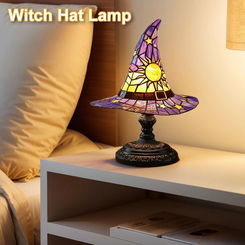 HatLeb Witch Hat Lamps, Handcrafted Stained Glass Resin Wizard Hat Light Gothic Table Lamp for Halloween Decor, Spooky Night Light for Bedroom and Indoor Parties, Unique Wiccan Gift