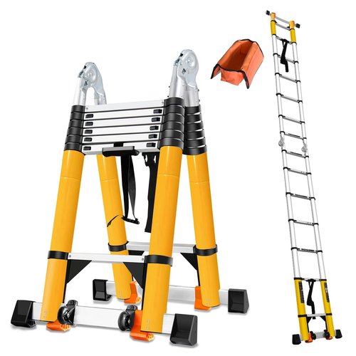 20FT A Frame Telescoping Ladder, Type-A Collapsible Extension Ladder with Double Balance Bar & Wheels, 330lbs Capacity, EN131 Certified Portable Aluminum Step (8+8Foot Step) Includes Tools Bag